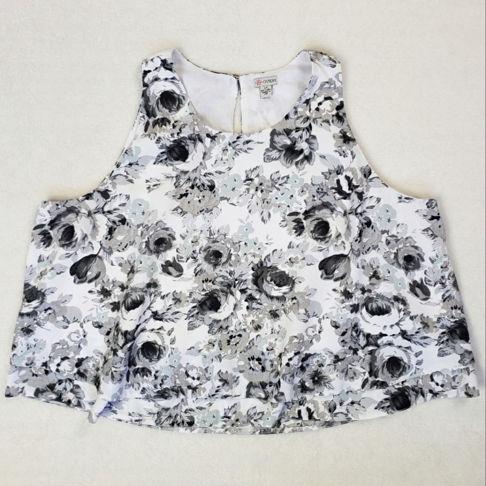 Guess, Floral Relaxed Fit Tiered Ruffle Hem Sleeveless Top, Large, White Grey